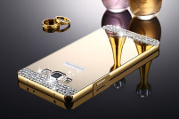 Луксозен алуминиев бъмпър с огледален гръб и 3D камъни златист за Samsung Galaxy J5 2016 J510F 